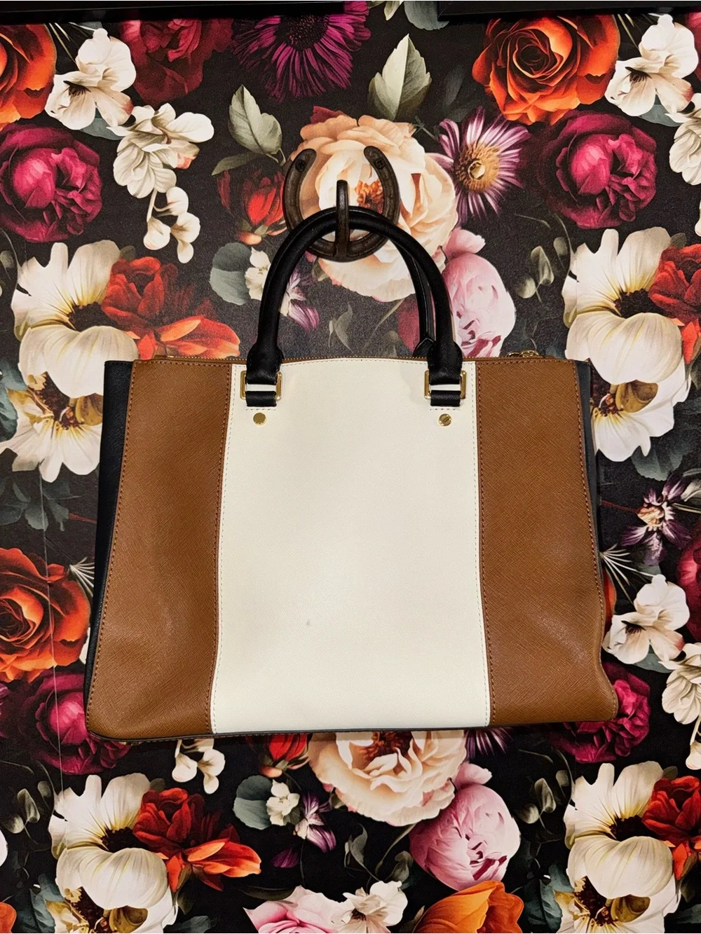 Michael Kors Brown, White & Black Saffiano Colorblock Satchel